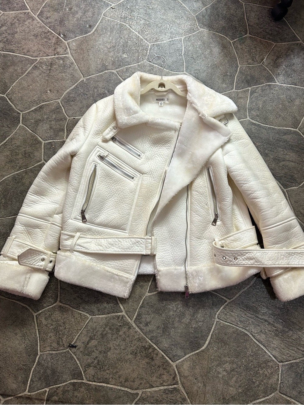 Missguided White Faux Shearling Biker Jacket